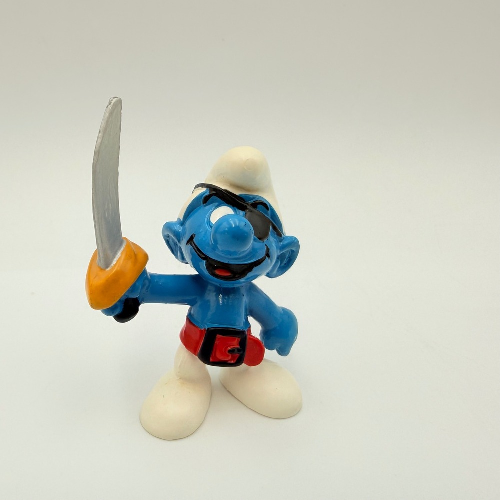Vintage by Bully West Germany Peyo Pirate Smurf Figure with Sword Eye Patch PVC
